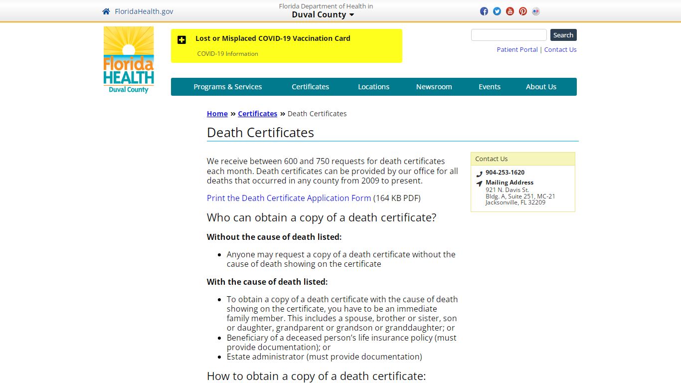 Death Certificates | Florida Department of Health in Duval